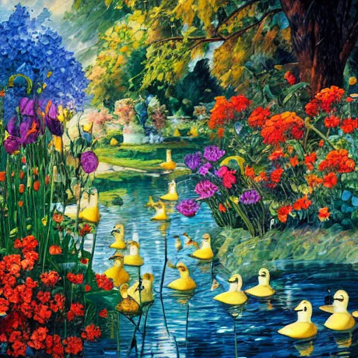 Image similar to flowers and ducks by arthur adams, john stephens, leonid afremov, chiho ashima, karol bak, david bates