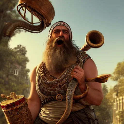 Prompt: Large snake with human upper body bearded bard holding a drum, ornately dressed, standing in populated Baldur\'s Gate city square, hyperdetailed, artstation, cgsociety, 8k