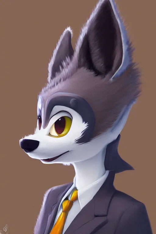 Image similar to oil painting of anthromorphic female wolf, in style of cory loftis, female fursona, furry, furaffinity, 4 k, deviantart, furry art, fursona art, wearing black business suit, business suit, in style of zootopia, wolf fursona, cyberpunk, female, female wolf face, very expressive detailed feminine face,