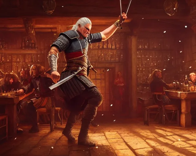 Image similar to 5 5 mm portrait photo of geralt of rivia dancing in a tavern. magical atmosphere. art by greg rutkowski. highly detailed 8 k. intricate. lifelike. soft light. nikon d 8 5 0.