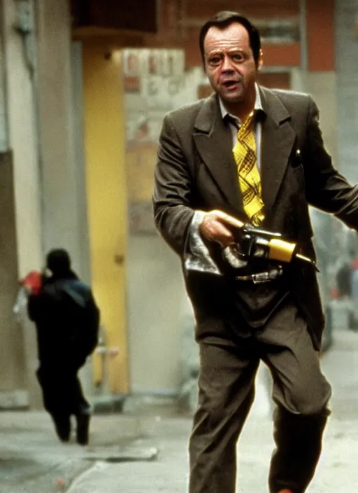 Prompt: film still of Del Boy from Only Fools & Horses as John McClane in Die Hard, 4k
