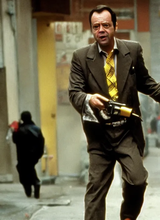 Image similar to film still of Del Boy from Only Fools & Horses as John McClane in Die Hard, 4k