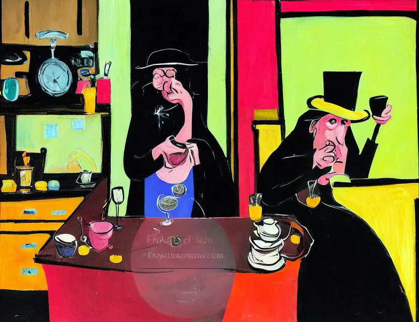 Prompt: a colorful dark night painting of a old and strange dusty professor in black suite and hat and a old woman making a study of drinking 1 0 cups of black coffee in 5 seconds in a kitchen that is melting, styled by francis bacon