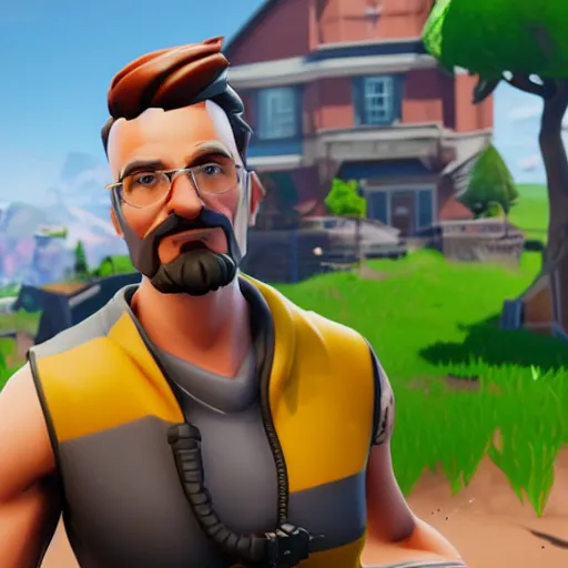 Prompt: playing fortnite using the newest walter white skin, 3 d avatar, third person view, fortnite