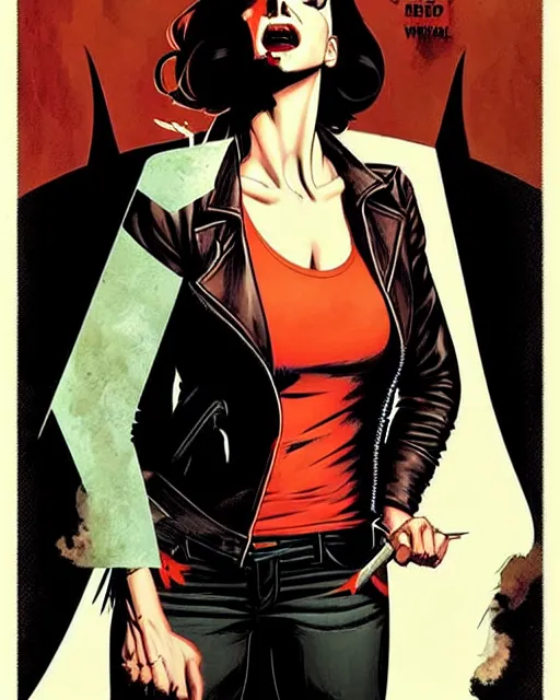 Prompt: Rafael Albuquerque comic cover art, Norman Rockwell, Joshua Middleton, pretty Ivanka Trump vampire, sharp vampire teeth, sarcastic smile, brown leather jacket, jeans, long black hair, full body, building on fire, cool colors