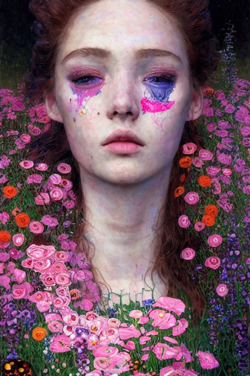 Image similar to portrait of beautiful young maiden, warhammer, cyberpunk, a lot of scars, more and more flowers, readhead, the future ages, highly detailed, artstation, illustration, art by gustav klimt, 8 k quality