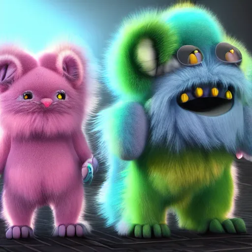 Image similar to cute colorful fuzzy alien monsters with long flowing detailed fur, detailed high quality 3 d render unreal engine in the style of maurice sendak, 4 k