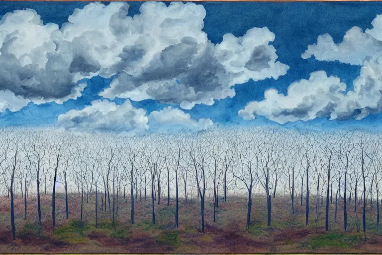 Prompt: reaction diffusion landscape with trees and clouds