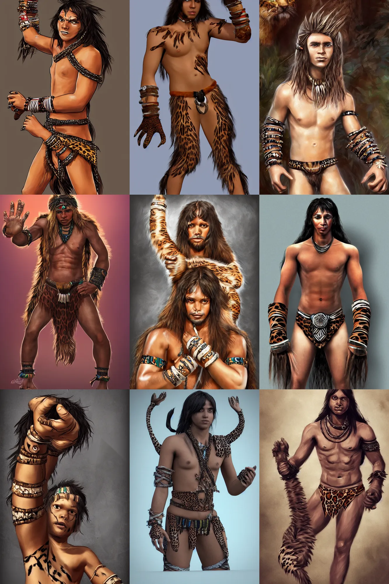 Prompt: digital art of closeup tribal boy with long hair, loincloth, leopard paws with claws on hands as gauntlet, showing his paws to viewer, artstation