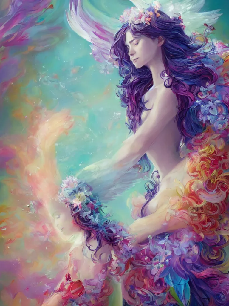 Prompt: a colorful and provenance portrait painting of angel with her hugeflowers wings spread out gracefully, highly saturated colors, teardrop eyes open, highly detailed, hair made of hair made of air wind and curling smoke, mist, dust, genie, flowers, flower, spirit fantasy concept art, art by charlie bowater and aenami, trending on artstation.