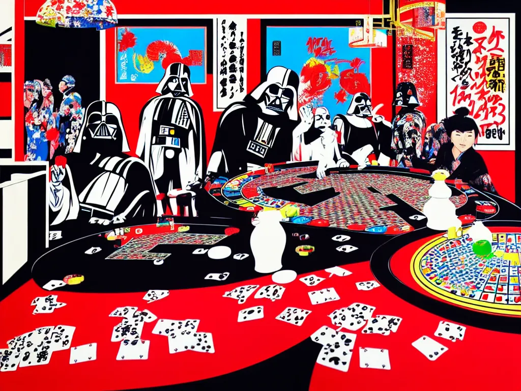 Prompt: hyper - realistic composition of a room with an extremely detailed poker table, woman in traditional japanese kimono standing nearby, darth vader sitting at the table, fireworks in the background, pop art style, jackie tsai style, andy warhol style, acrylic on canvas