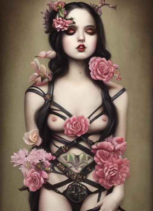 Image similar to pop surrealism, lowbrow art, realistic seductive cute woman painting, body harness, japanese shibari with flowers, hyper realism, muted colours, rococo, natalie shau, loreta lux, tom bagshaw, mark ryden, trevor brown style,