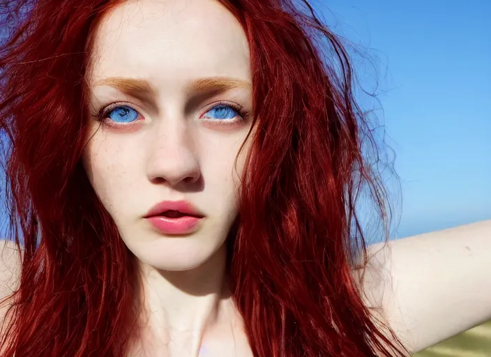 Image similar to close up portrait photograph of a anesthetic beautiful!!! thin young redhead woman with russian descent, sunbathed skin, symmetric face!! with deep blue ((Symmetric round eyes!! )) . Wavy long maroon colored hair. she looks directly at the camera. Slightly open mouth, face takes up half of the photo. a park visible in the background. 55mm nikon. Intricate. Very detailed 8k texture. Sharp. Cinematic post-processing. Award winning portrait photography. Sharp eyes.