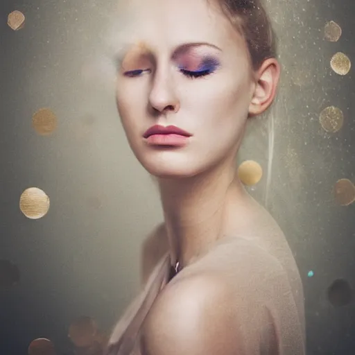 Image similar to canon mark 5, motion blur, realistic character portrait photo of a beautiful woman, muted colours, by britt marling, glitter storm