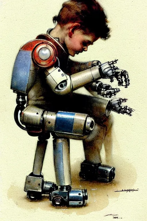 Prompt: (((((1950s a boy working on his robot . muted colors.))))) by Jean-Baptiste Monge !!!!!!!!!!!!!!!!!!!!!!!!!!!