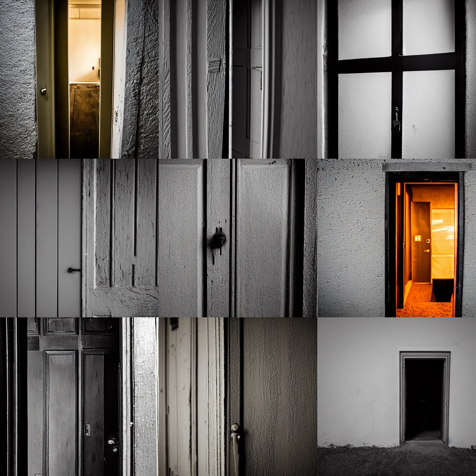 Prompt: An ominous photograph of the slightly open door standing ajar, darkness behind it, close-up view, dim lighting, nightmare, taken with Sony a7R camera