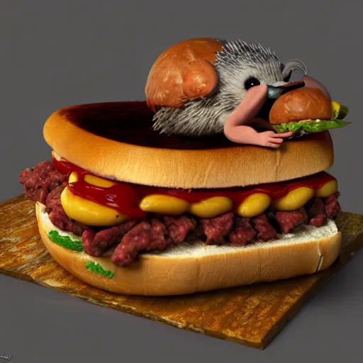 Image similar to sonic the old and decrepit hedgehog eating chorizo sandwich with a tetrabrik of wine. 3d render, hyperdetailed, dirty, blender, trending on artstation, octane render, photorealistic, intricate detail, disgusting