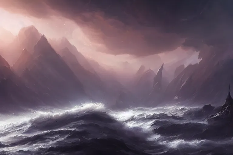 Prompt: cinematic painting by jessica rossier, in the beginning god created the heavens and the earth, now the earth was formless and empty, darkness was over the surface of the deep, and the spirit of god was hovering over the waters.