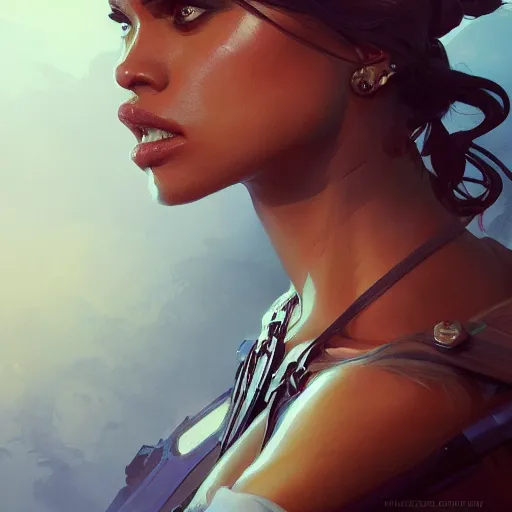 Image similar to bounty hunter, painted character portrait, highly detailed, digital painting, artstation, concept art, sharp focus, illustration, art by artgerm and greg rutkowski and alphonse mucha