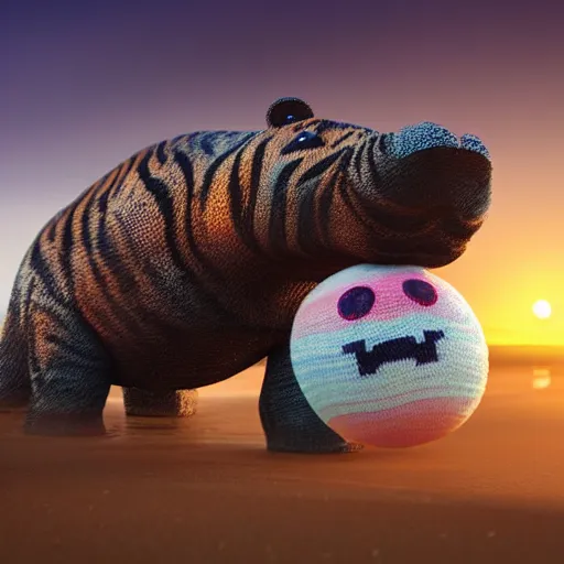 Image similar to a closeup photorealistic photograph of a cute smiling knitted tiger hippopotamus chasing a beachball at sunset. surf in the background. professional capture. this 4 k hd image is trending on artstation, featured on behance, well - rendered, extra crisp, features intricate detail, epic composition and the style of unreal engine.