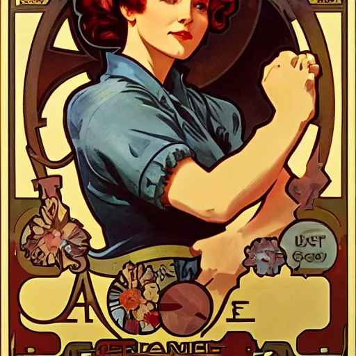 Image similar to a portrait of Rosie the riveter by Alphonse Mucha, art nouveau card, concept art, wlop, trending on artstation, 8k