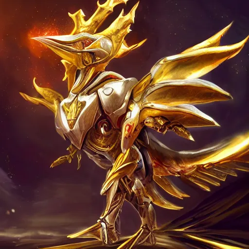 Image similar to cinematic _ hyperdetailed _ league _ of _ legends _ azir _ armor _ metroid _ ravenbeak _ fanart _ gold _ armored _ bird _ wings _ regal _ gold _ sunray _ shaped _ crown _ warframe _ destiny 2 fanart