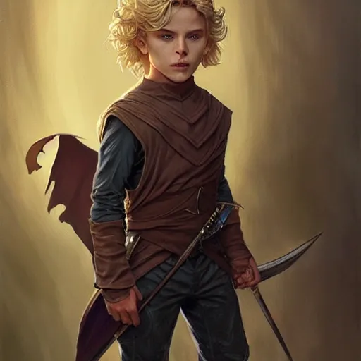 Image similar to an epic fantasy comic book style portrait painting of a young blonde boy wearing plain thief clothes, confident, d & d, fantasy, intricate, elegant, highly detailed, digital painting, artstation, concept art, matte, sharp focus, illustration, art by artgerm and greg rutkowski and alphonse mucha