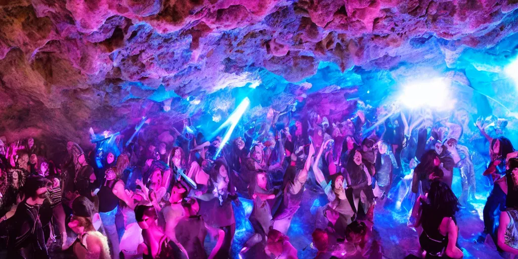 Image similar to cinematic shot of a goth disco nightclub in a cave, (((sphere of holographic knives))) made of pink lasers and blue crystals, goth people dancing, 8k photograph