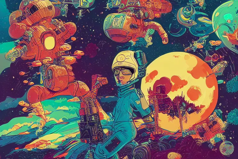 Prompt: highly detailed vibrant delirium moon explosion by petros afshar, tom whalen, laurie greasley, war face by greg rutkowski