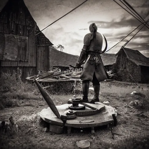 Image similar to wise angle photo of viking in armor working on the mechanical ancient device, tools and junk on the ground,wires and lights, old village in the distance, vintage old photo, black and white, sepia