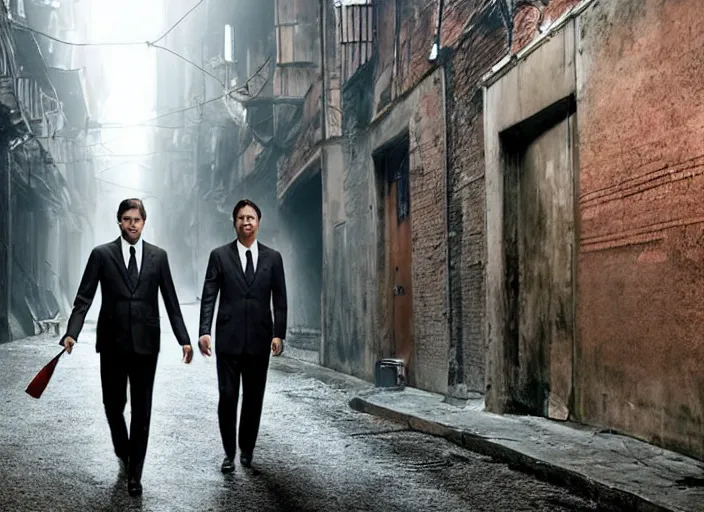 Image similar to a very high resolution image from a new movie, two deer head man in suits, in a narrow chinese alley, surrounded by water vapor, beatiful backgrounds, dramatic lighting, directed by wes anderson