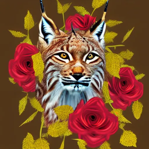 Image similar to lynx wearing a flower circle made out of roses and golden leaves on his head, a majestic crown, an expressive digital painting, high quality art