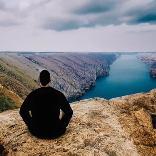 Image similar to man sitting on cliff looking at galaxy