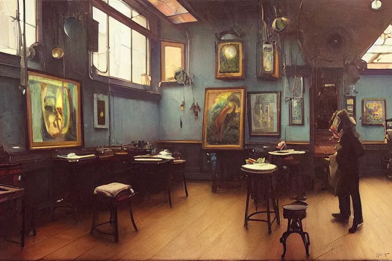 Prompt: “ interior of an art nouveau tattoo shop, jeremy lipking, joseph todorovitch ”