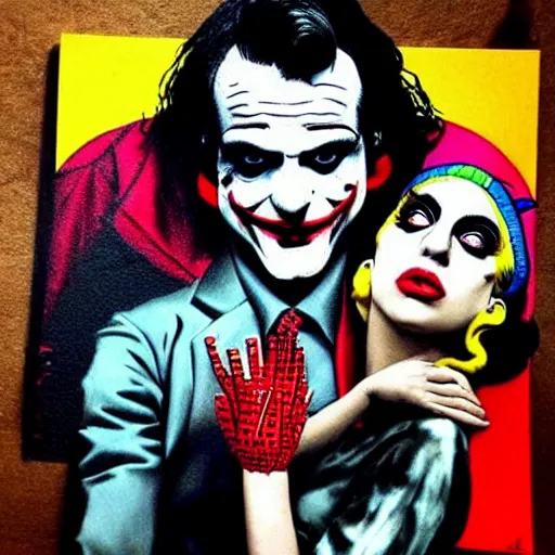 Image similar to mimmo rottela and banksy as joaquin phoenix skinny joker holding hand lady gaga harley queen, ultra photorealistic, intricate details, pop art style, baroque, hyperdetailed, concept art, ultrarealistic, 3 colors, smooth, sharp focus