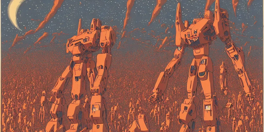 Image similar to risograph rendition of extremely - detailed white huge evangelion - like mech with a lot of orange tiny balls on it, children faces, ominous, intricate complexity, dramatic, epic composition, atmospheric, painting by moebius