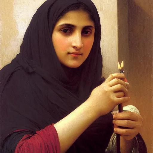 Image similar to a Pakistani woman holding a candle, painting by William Adolphe Bouguereau