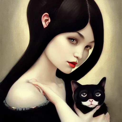 a painting of a woman holding a cat, a photorealistic | Stable ...