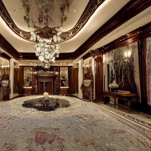 Prompt: inside of a massive mansion with impossible to describe fractal interior design