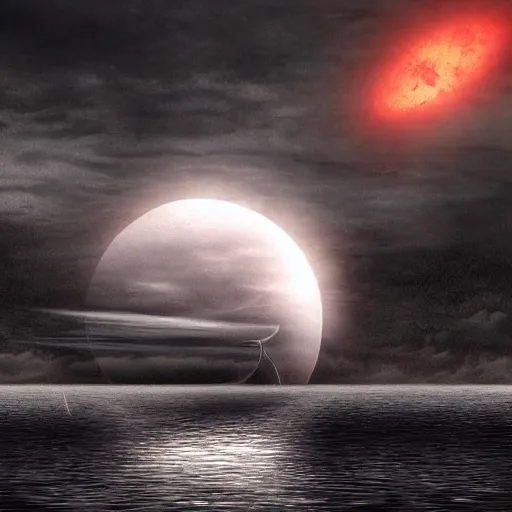 bleeding eclipse over a lake, dark atmosphere, moody, | Stable ...
