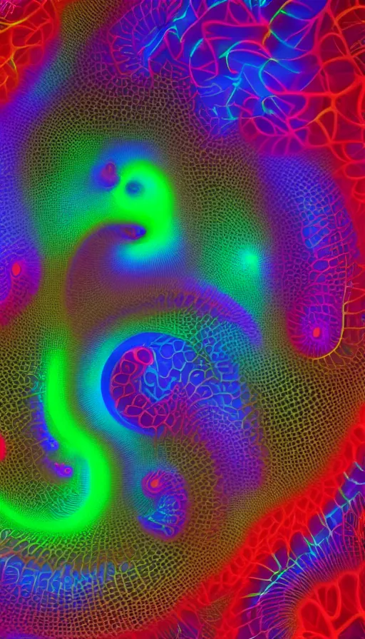 Prompt: 8K UHD Houdini render of ifs fractal elephant, background bioluminescent swirling wisps, red yellow green blue smoke gradient palette, volumetric lighting, 18 mm lens