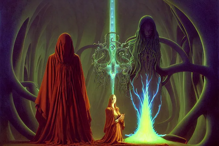 Image similar to the female arcanist and the male artificer by zacharias aagaard and albert bierstadt and zdzisław beksinski and james gilleard and wayne barlowe and marc simonetti and jean delville, beautiful, robes, highly detailed, hyperrealistic, intricate, energy, electricity, blue flame, low light, green crystal, high contrast