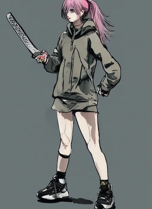 Image similar to a yoji shinkawa full body sketch of tennis player girl holding a sword wearing a puffy anorak, short purple skirt and yeezy 5 0 0 sneakers