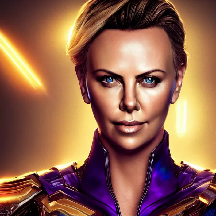 Image similar to portrait of (Charlize Theron), wearing The Infinity Gauntlet!! intricate artwork. octane render, trending on artstation, very coherent symmetrical artwork. thanos. cinematic, hyper realism, high detail, octane render, 8k, iridescent accents