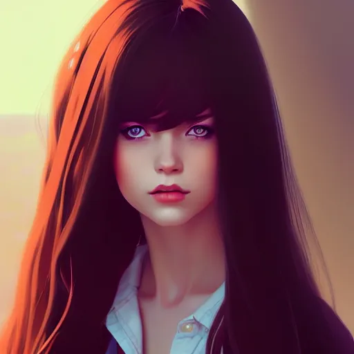 Image similar to a portrait of a girl with long brunette hair by by ilya kuvshinov, fuji choko, ross tran, 8 k resolution, trending on artstation