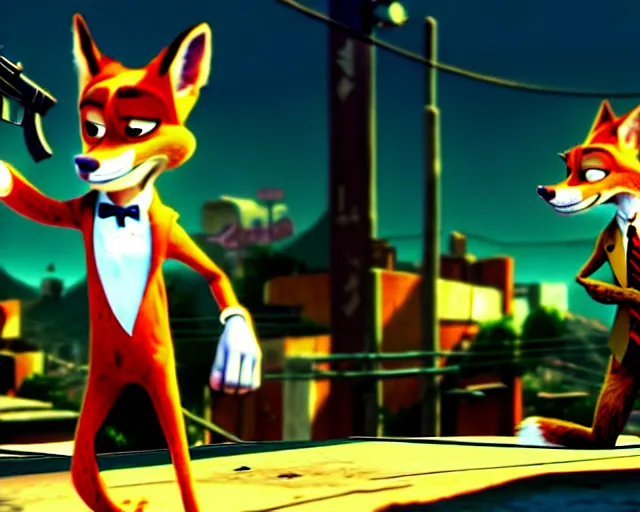 Image similar to nick wilde as max payne 3 set in gritty neo - noir zootopia, battle through the favela / furvela