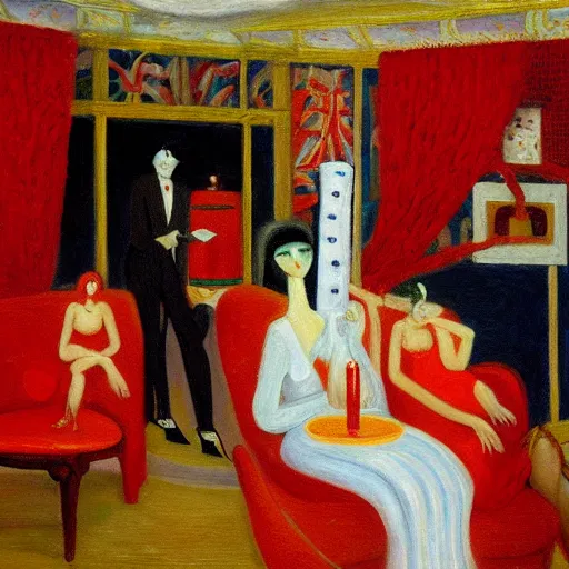 Image similar to oil painting of a satirical speakeasy by florine stettheimer