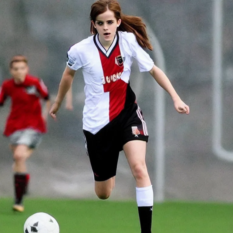 Image similar to emma watson as lokomotiv football player, hyper realistic, highly detailed