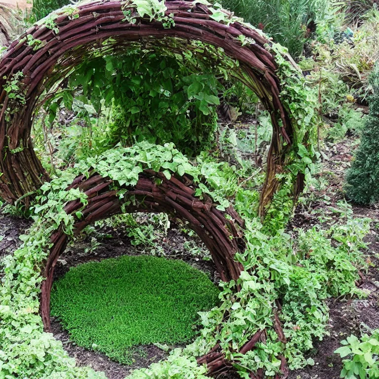 Image similar to a circle portal structure built out of plants and mushrooms