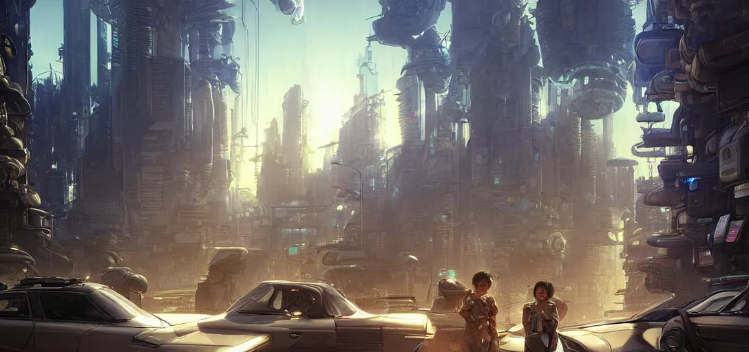 Image similar to futuristic street of a solarpunk alien city by taras shevchenko, extreme backlighting, sci fi, highly detailed, intrincate, digital painting, smooth, sharp focus, golden ratio, illustration, concept art, by stephen hickman and james gurney and hiromasa ogura ghost in the shell